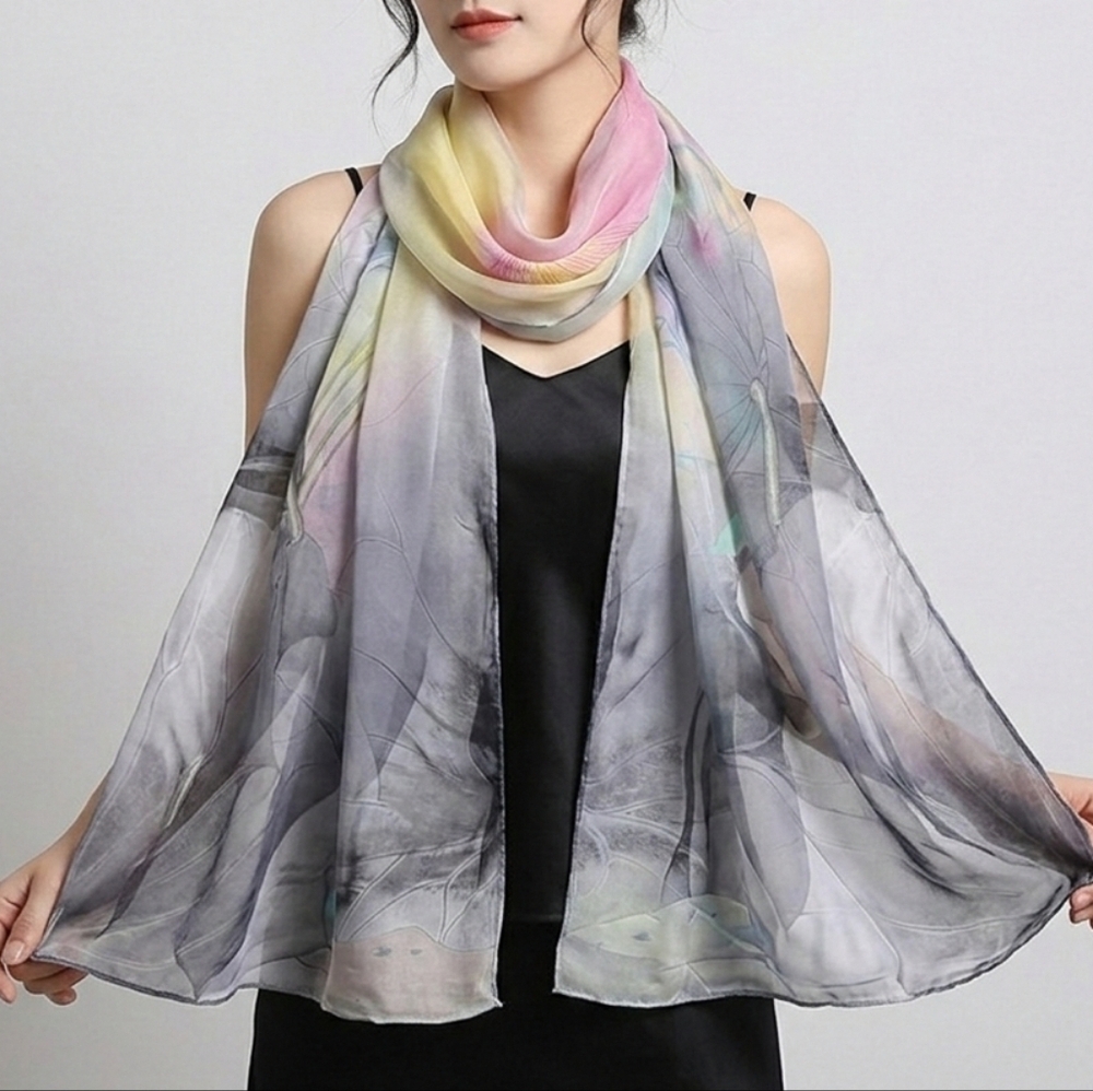 NWT Watercolor Lotus Floral Scarf Shawl Wrap Lightweight Special Event 63"x20"